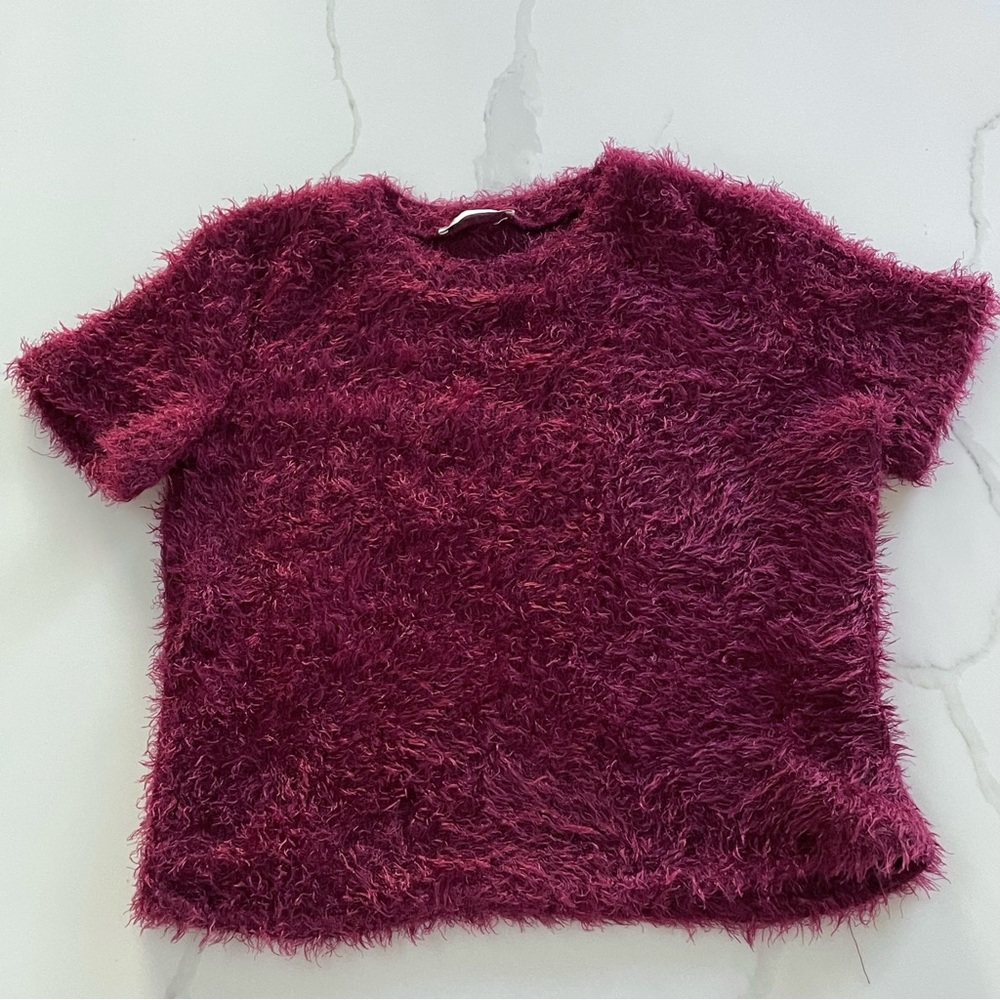 Zara Y2K Maroon Fuzzy Eyelash Cropped Tee, Size Medium